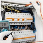 Technician inspecting electrical panel with multimeter, ensuring safety and compliance during home electrical evaluation.